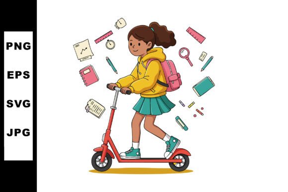 Girl Riding Red Scooter Graphics & Illustrations