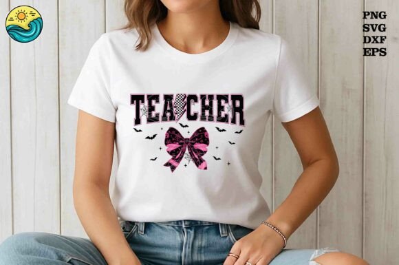 Pink Halloween Teacher Bow Graphics & T-Shirt Designs